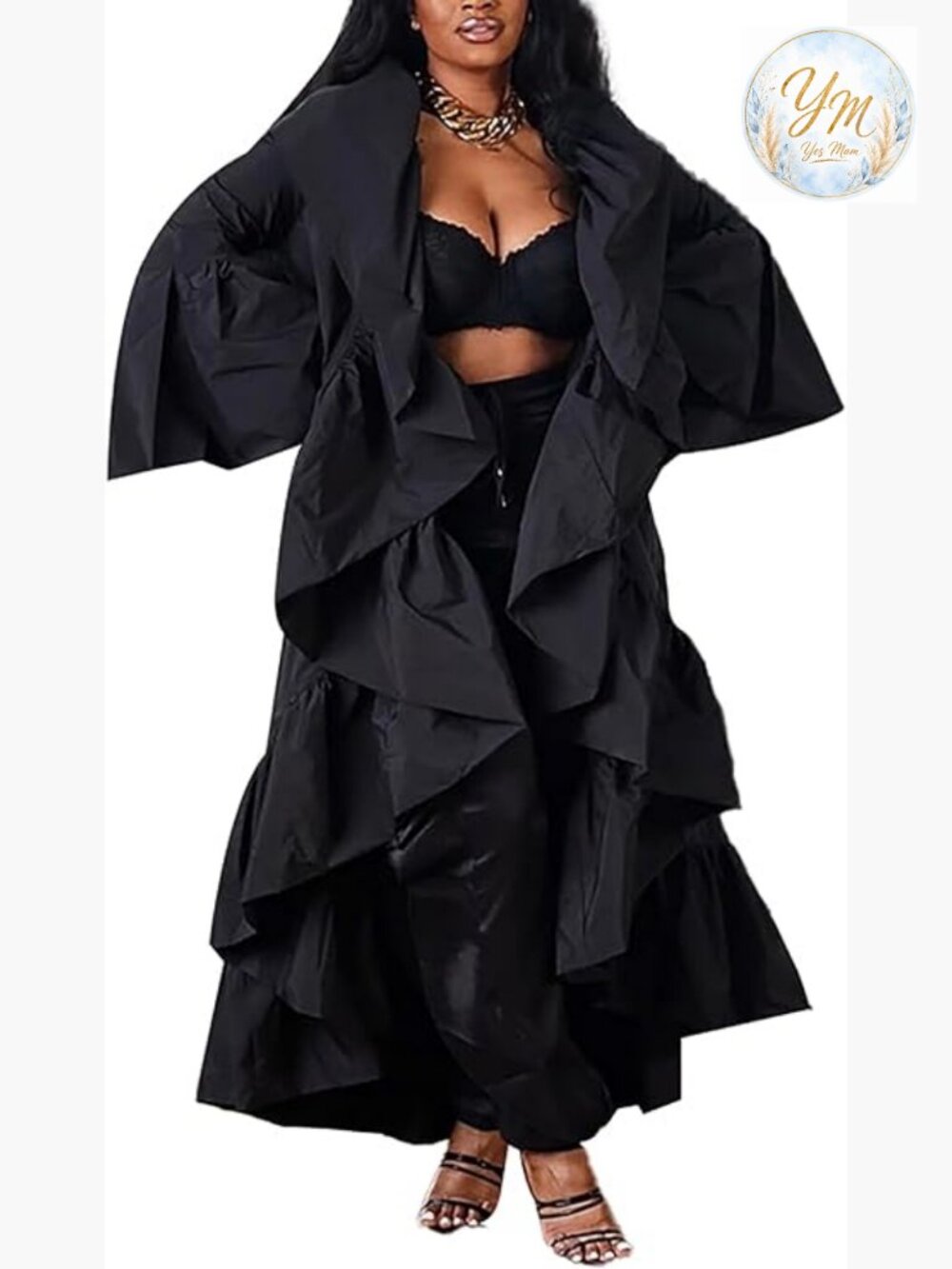 Open Front Ruffle Maxi Cardigan Long Sleeve Asymmetrical Trench Coat Duster